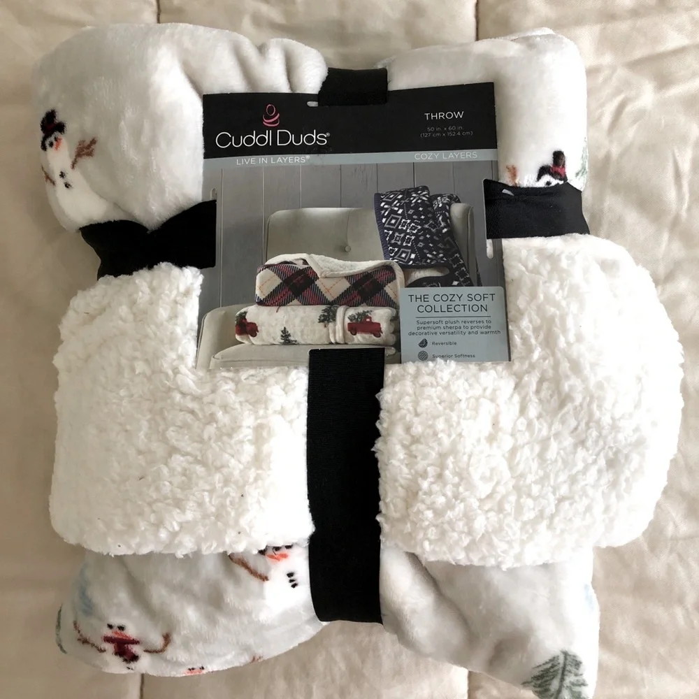 NWT Cuddl Duds Plush Sherpa Throw Reversible Snowman Print 50